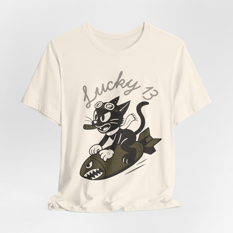 WWII Bomber Nose Art T-Shirt | Lucky 13 Cartoon Cat | Vintage Aviation Pilot Gift image 9