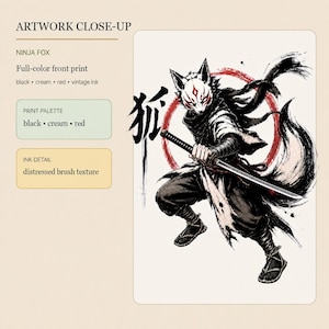 May include: A graphic print featuring a ninja fox character wearing a white mask with red markings, holding a katana. The artwork uses a black, cream, and red color palette with a distressed brush texture and a large red circle background.