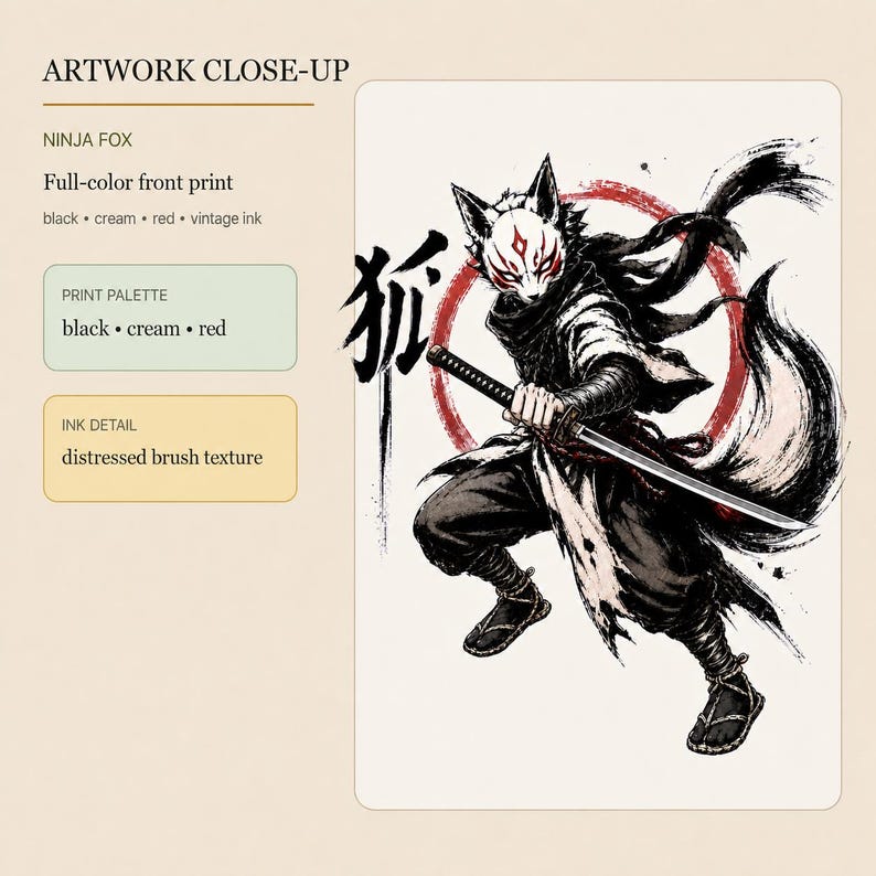 May include: A graphic print featuring a ninja fox character wearing a white mask with red markings, holding a katana. The artwork uses a black, cream, and red color palette with a distressed brush texture and a large red circle background.
