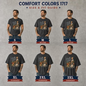 May include: A size and fit guide for Comfort Colors 1717 t-shirts, displaying six variations from size S to 3XL. Each shirt is charcoal gray with a graphic of a person sitting on a large shell. Labels indicate fits ranging from fitted to oversized.