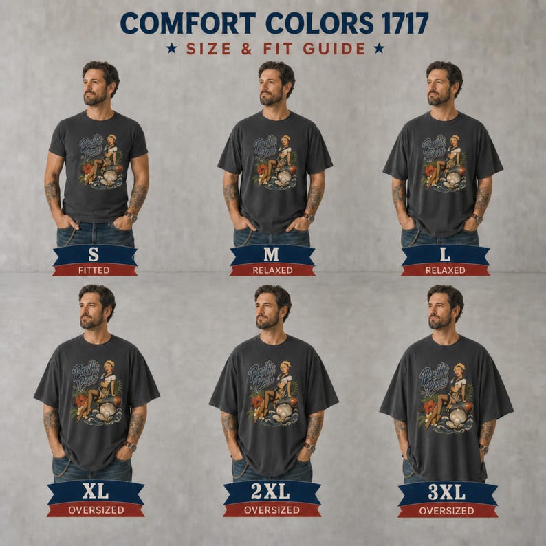 May include: A size and fit guide for Comfort Colors 1717 t-shirts, displaying six variations from size S to 3XL. Each shirt is charcoal gray with a graphic of a person sitting on a large shell. Labels indicate fits ranging from fitted to oversized.