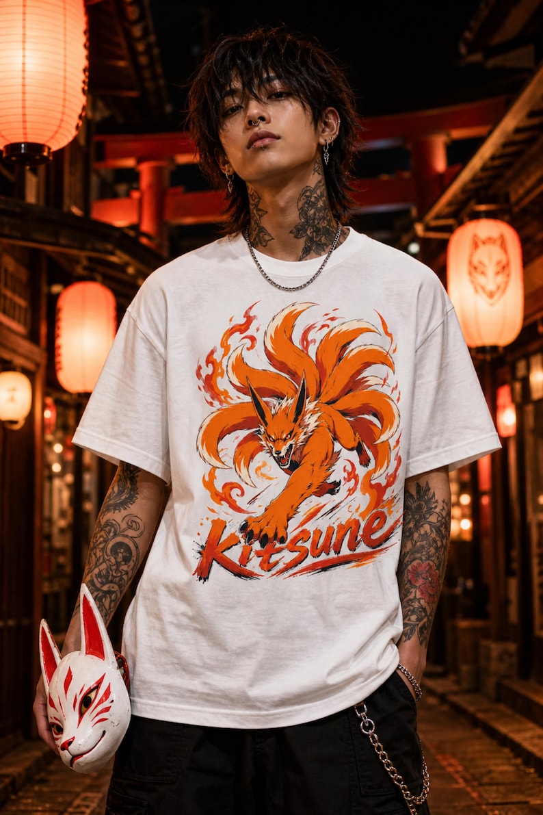 K&ouml;nnte beinhalten: Ein wei&szlig;es Kurzarm-T-Shirt mit einem Grafikdruck eines orangefarbenen Fuchses mit mehreren Schw&auml;nzen, der von stilisierten Flammen umgeben ist. Das Wort Kitsune ist in roter Schrift unter dem Fuchs gedruckt. Eine wei&szlig;-rote Fuchsmaske wird gehalten.