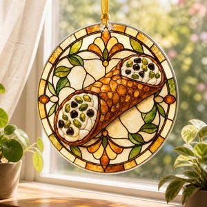 May include: A circular stained glass suncatcher featuring a central cannoli pastry with white cream, dark chocolate chips, and green pistachios. The design is framed by a decorative border of amber, yellow, and green glass segments, suspended by a gold ribbon.