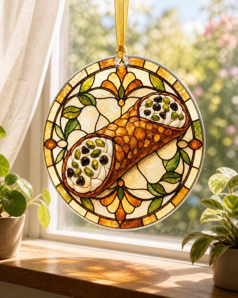 May include: A circular stained glass suncatcher featuring a central cannoli pastry with white cream, dark chocolate chips, and green pistachios. The design is framed by a decorative border of amber, yellow, and green glass segments, suspended by a gold ribbon.