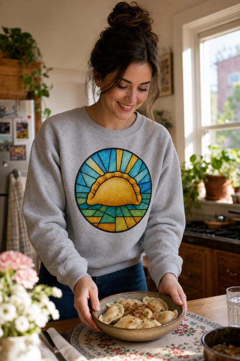 Pierogi Stained Glass Sweatshirt | Pittsburgh Polish Food Art Crewneck image 2