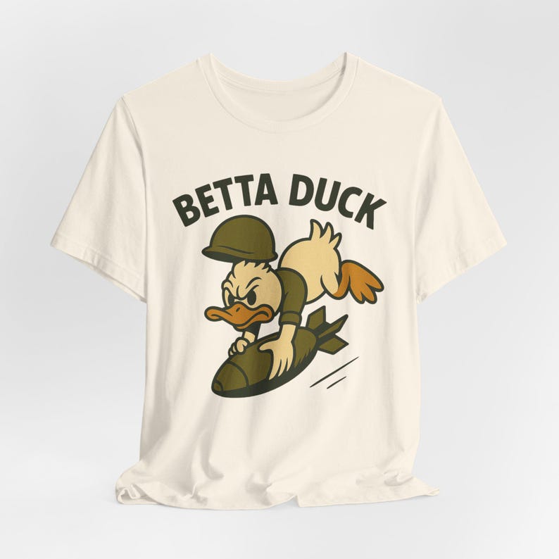 Betta Duck Bomb Rider T-Shirt: Retro Cartoon Military Nose Art Style image 9
