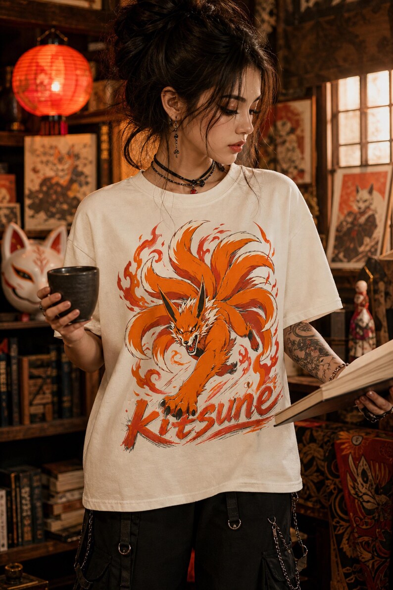 K&ouml;nnte beinhalten: Ein cremefarbenes Kurzarm-T-Shirt mit einem gro&szlig;en Grafikdruck eines orangefarbenen neunschw&auml;nzigen Fuchses, der von stilisierten Flammen umgeben ist. Das Wort Kitsune ist in einer kr&auml;ftigen Pinselstrich-Schrift in Rot und Orange abgebildet.