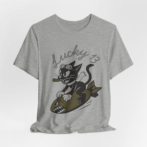 WWII Bomber Nose Art T-Shirt | Lucky 13 Cartoon Cat | Vintage Aviation Pilot Gift image 11