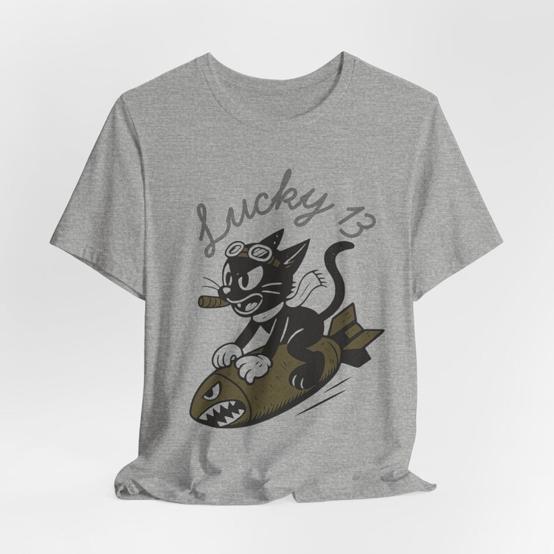 WWII Bomber Nose Art T-Shirt | Lucky 13 Cartoon Cat | Vintage Aviation Pilot Gift image 11