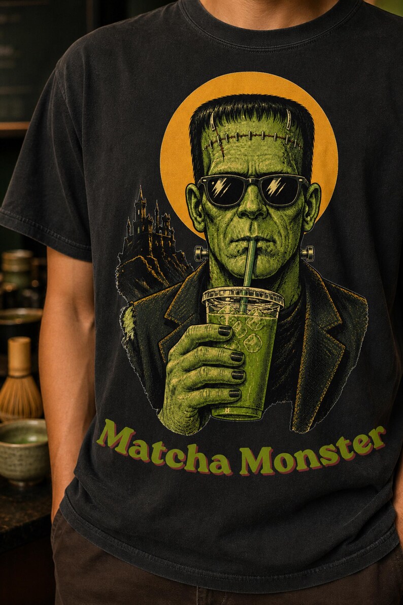 Może przedstawiać: Czarny t-shirt z grafiką przedstawiającą zielonego potwora w okularach przeciwsłonecznych, pijącego zielony nap&oacute;j z plastikowego kubka przez słomkę. Za postacią znajduje się ż&oacute;łte koło i zamek. Poniżej znajduje się napis Matcha Monster.