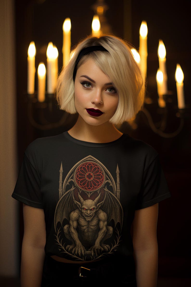 May include: Black t-shirt featuring a gothic gargoyle design with a red stained-glass window. The gargoyle has bat-like wings and is set against a dark background. The design is detailed and artistic.