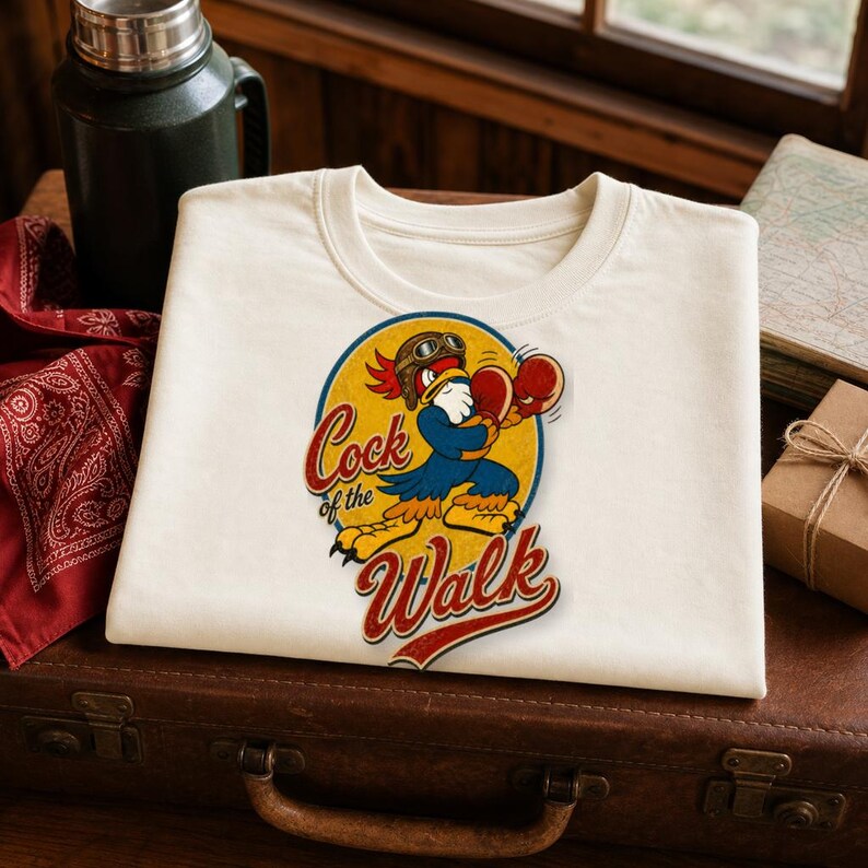 May include: A cream-colored t-shirt featuring a graphic of a cartoon rooster wearing aviator goggles and boxing gloves. The design is set within a yellow circle with a blue border and includes the red and blue text "Cock of the Walk".