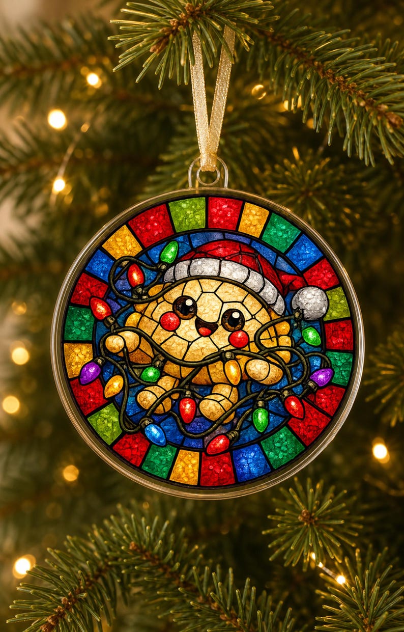 May include: A round Christmas ornament featuring a stained-glass style design of a smiling turtle wearing a Santa hat and tangled in colorful string lights. The border consists of alternating red, blue, yellow, and green glass-like segments.