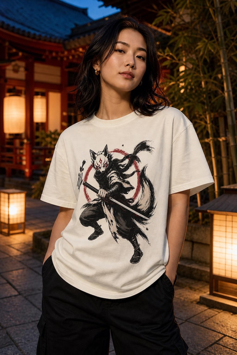 May include: An off-white short-sleeve t-shirt featuring a graphic illustration of a fox-masked figure in black and white attire holding a katana. The design includes a red circular brushstroke background and black Japanese calligraphy characters.