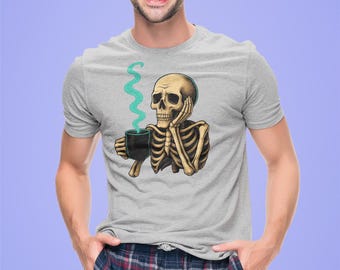 Skeleton Iced Coffee Shirt, Funny Halloween Caffeine Lover Tee, Spooky Fall Graphic Top