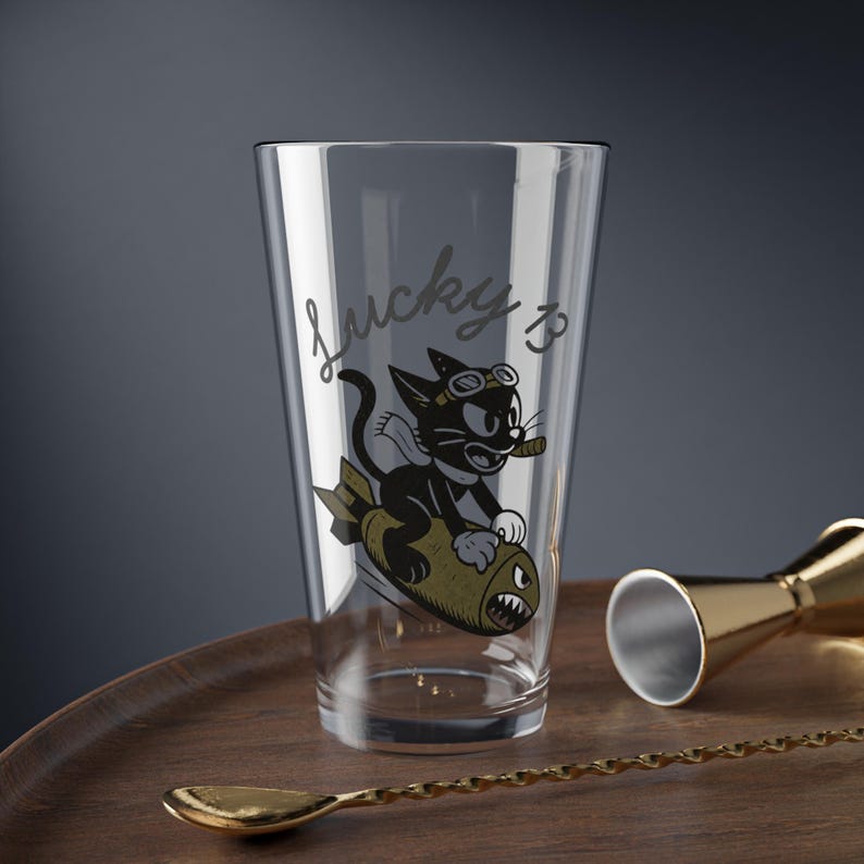 Lucky 13 Cat Pint Glass, WWII Nose Art Barware, Vintage Aviation Gift image 10