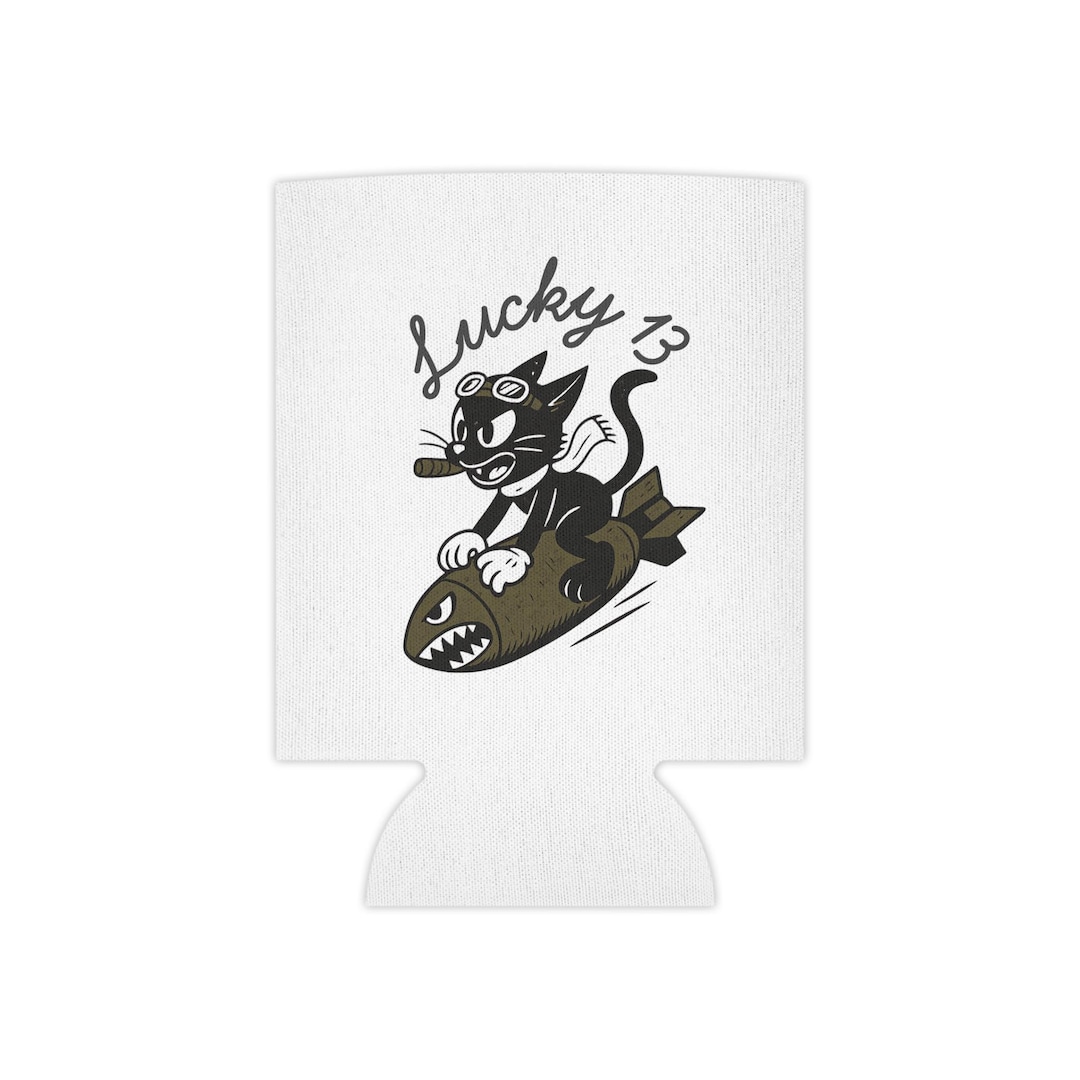 Lucky 13 Nose Art Can Cooler — Black Cat Bomber Koozie