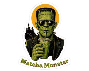 Naklejka z potworem Matcha, zabawna naklejka z zieloną herbatą, sztuka retro horror