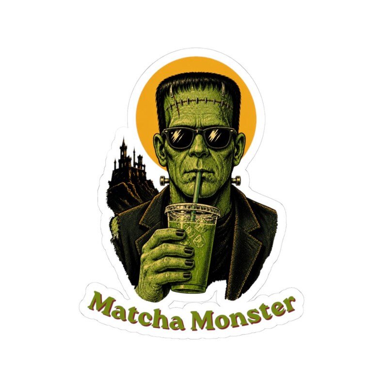 Matcha Monster Sticker, Grappige Groene Thee Sticker, Retro Horror Kunst afbeelding 1