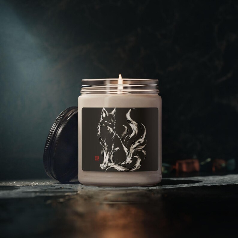 Kitsune Soy Candle, Japanese Fox Spirit Gift, Sumi-e Yokai Decor image 7
