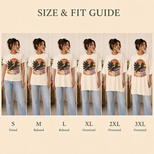 May include: A size and fit guide for a t-shirt featuring a graphic of a multi-tailed fox inside a sunset circle with the text KITSUNE. The chart displays six variations of the shirt ranging from size S to 3XL, labeled as fitted, relaxed, or oversized.