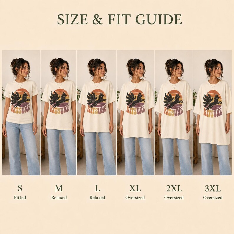 May include: A size and fit guide for a t-shirt featuring a graphic of a multi-tailed fox inside a sunset circle with the text KITSUNE. The chart displays six variations of the shirt ranging from size S to 3XL, labeled as fitted, relaxed, or oversized.