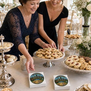 Pu&ograve; includere: Due tovaglioli quadrati bianchi con una grafica circolare dello skyline di Pittsburgh e il testo Pittsburgh Cookie Table. I tovaglioli sono disposti su un tavolo accanto ad alzate argentate riempite di biscotti assortiti.
