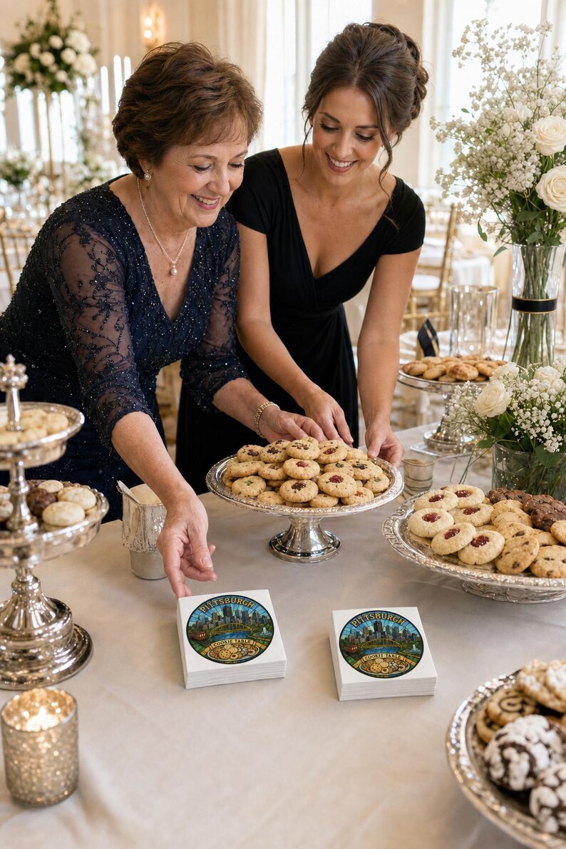 Pu&ograve; includere: Due tovaglioli quadrati bianchi con una grafica circolare dello skyline di Pittsburgh e il testo Pittsburgh Cookie Table. I tovaglioli sono disposti su un tavolo accanto ad alzate argentate riempite di biscotti assortiti.