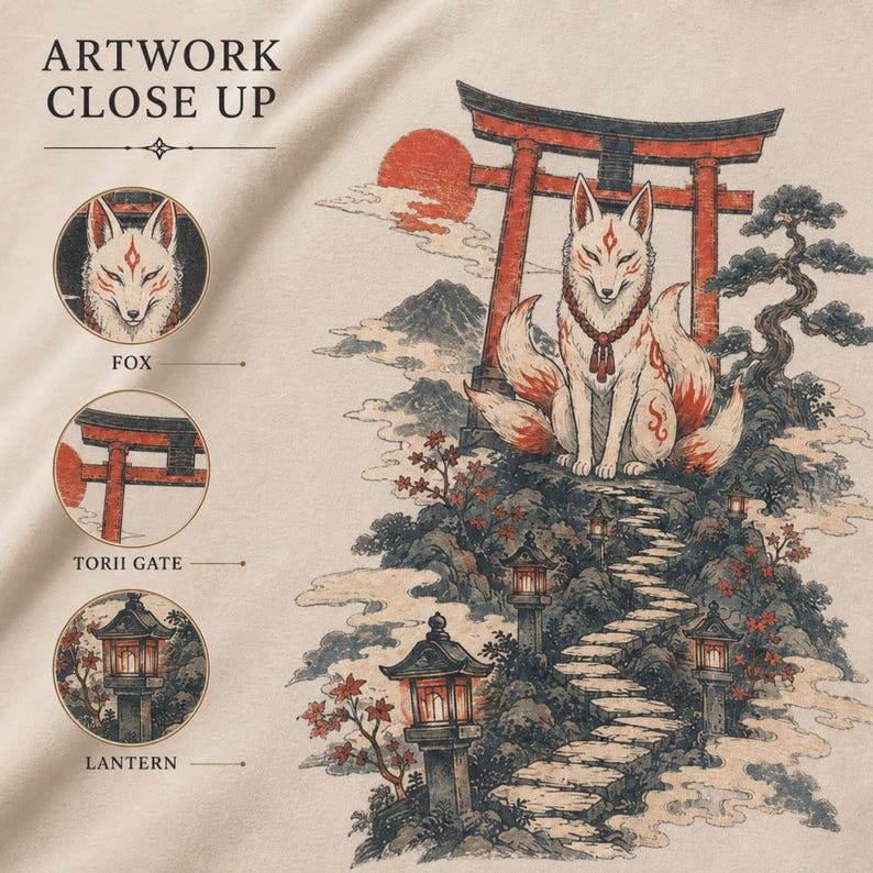 Torii Gate Kitsune-skjorta, japansk rävhelgedom-skjorta, Shinto-folkloreanda bild 5