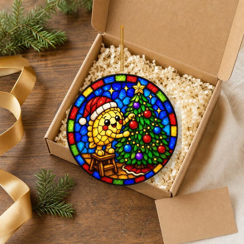 May include: A circular stained glass ornament featuring a yellow cartoon character wearing a red Santa hat, standing on a stool to decorate a green Christmas tree with red and blue ornaments, all set against a vibrant blue background.