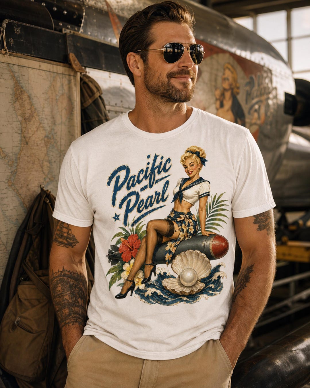 Pacific Pearl WWII hula pin-up nose art shirt from SunSpun Creations