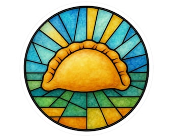 May include: A round sticker featuring a stylized empanada in the center, rendered in shades of yellow and orange. The empanada is set against a stained-glass style background with blue, green, and yellow segments, creating a vibrant, eye-catching design.
