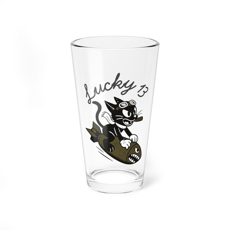 Lucky 13 Cat Pint Glass, WWII Nose Art Barware, Vintage Aviation Gift image 3