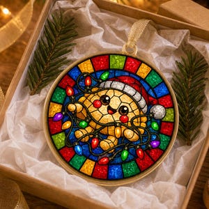 May include: A round stained glass ornament featuring a smiling gingerbread character wearing a red Santa hat and tangled in colorful Christmas lights. The background consists of a vibrant multi-colored mosaic pattern with a gold-toned metal frame.