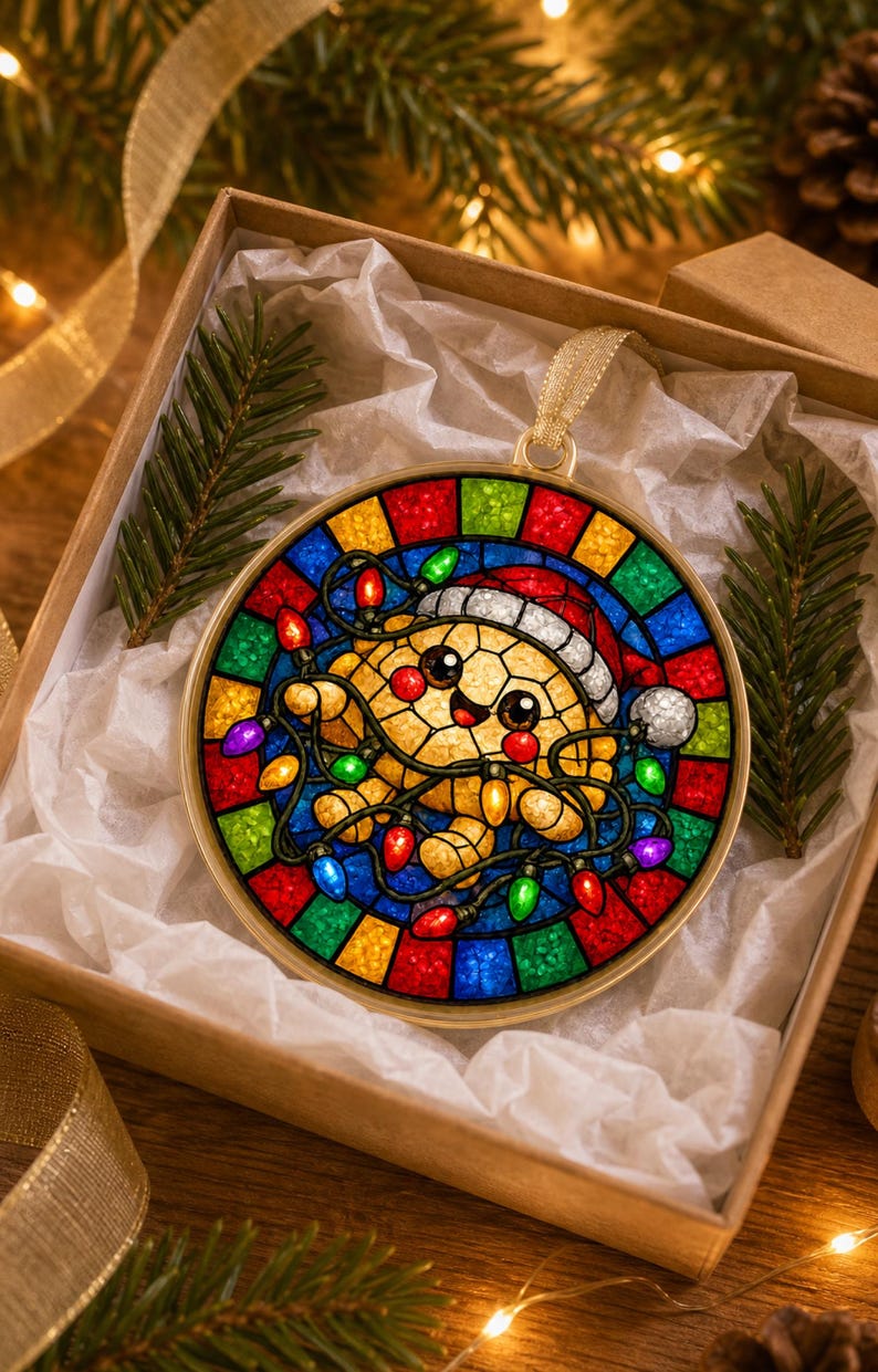 May include: A round stained glass ornament featuring a smiling gingerbread character wearing a red Santa hat and tangled in colorful Christmas lights. The background consists of a vibrant multi-colored mosaic pattern with a gold-toned metal frame.