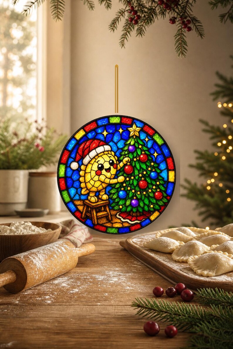 May include: A circular stained glass ornament featuring a yellow dumpling character wearing a red Santa hat, standing on a small stool to decorate a green Christmas tree with red and blue ornaments, all framed by a colourful mosaic border.