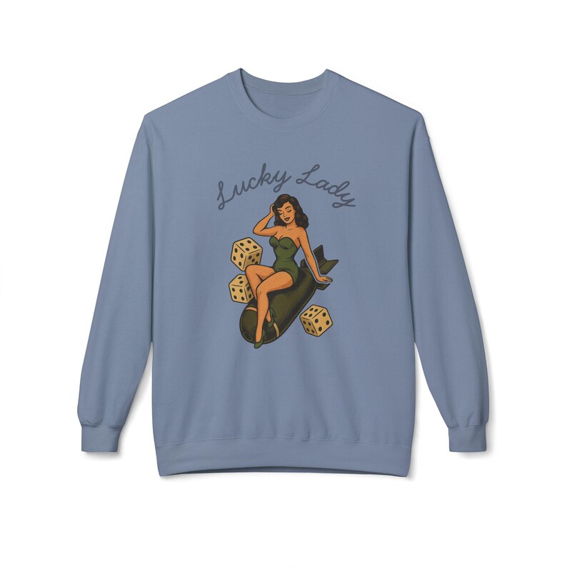 Vintage Pin Up Sweatshirt, WWII Nose Art Crewneck, Rockabilly Bombshell Aviation Top image 11