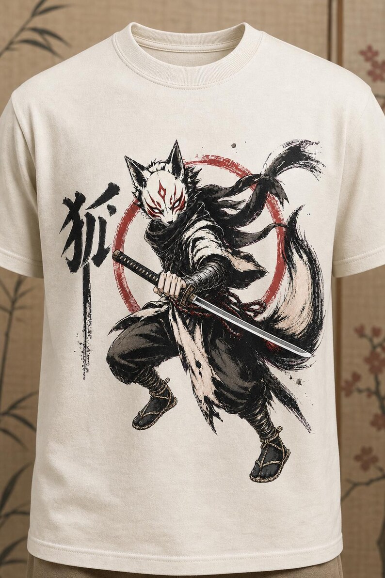 May include: A cream-colored t-shirt featuring a graphic illustration of a warrior wearing a fox mask and holding a katana. The design includes a large red circle, flowing dark clothing, and the Japanese kanji character for fox in black ink.