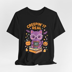 Teacher Halloween Shirt, Creepin It Real Cat Tee, Fall Gift image 3