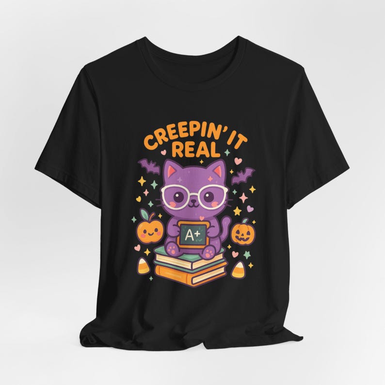 Teacher Halloween Shirt, Creepin It Real Cat Tee, Fall Gift image 3