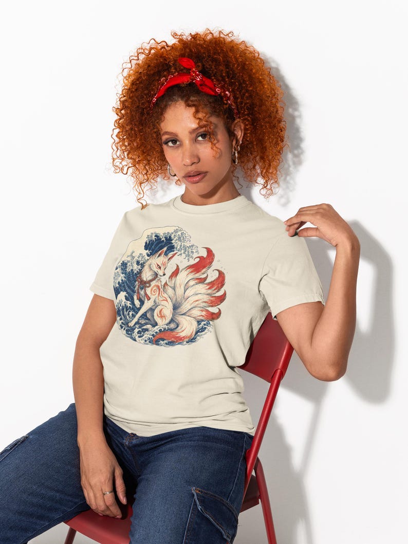 Kitsune Shirt, Japanese Fox Spirit, Ukiyo-e Wave Art, Folklore Tee image 3