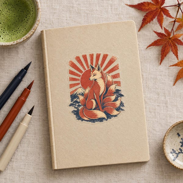 Kitsune Fox Sticker, Retro Japanese Sunrise Decal, Mount Fuji Folklore Art