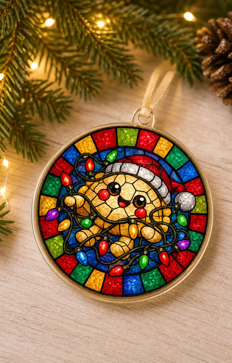 May include: A round ornament featuring a stained-glass style design of a smiling yellow creature wearing a Santa hat and tangled in colorful Christmas lights. The border consists of alternating red, blue, green, and yellow glass-like segments.
