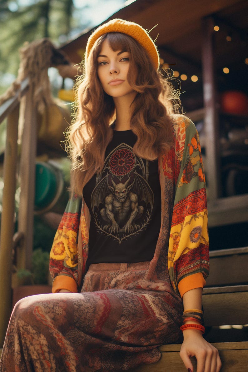 May include: A person wearing a black t-shirt with a gargoyle graphic, a colorful patterned jacket, and a yellow beret. The outfit has a bohemian style. The person is sitting on wooden steps.