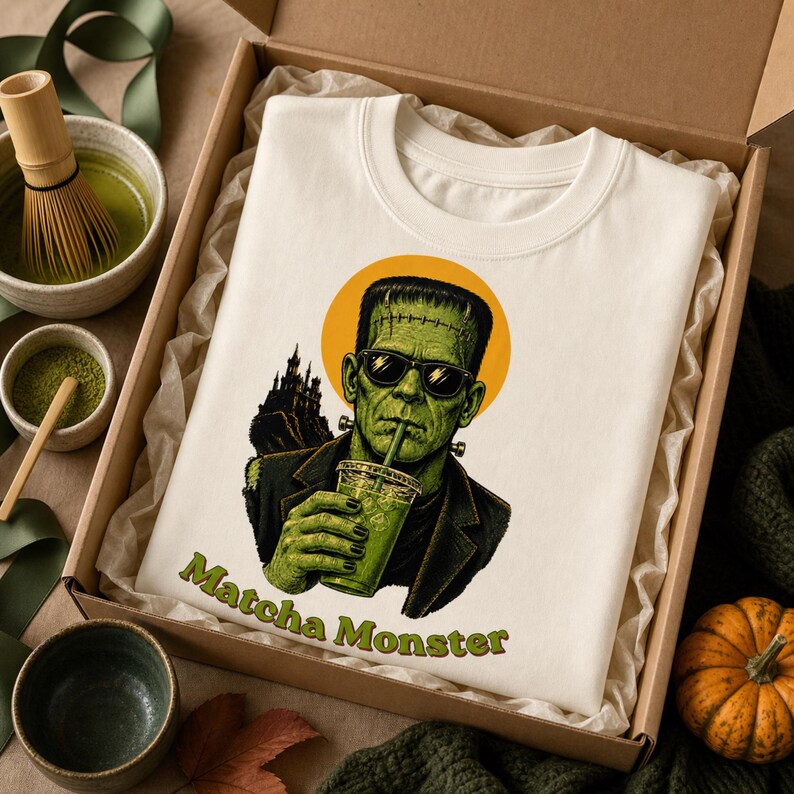 Może przedstawiać: Kremowy t-shirt z grafiką zielonego potwora w czarnych okularach przeciwsłonecznych, pijącego z przezroczystego kubka przez słomkę. Za potworem znajduje się ż&oacute;łte koło i sylwetka ciemnego zamku. Poniżej nadrukowany napis "Matcha Monster".