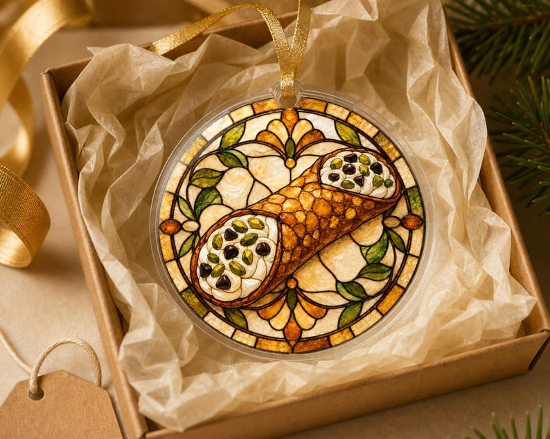 May include: A round, clear ornament featuring a stained-glass style illustration of a cannoli filled with cream, chocolate chips, and pistachios. The design is framed by amber, green, and cream-colored geometric patterns and hangs by a gold ribbon.