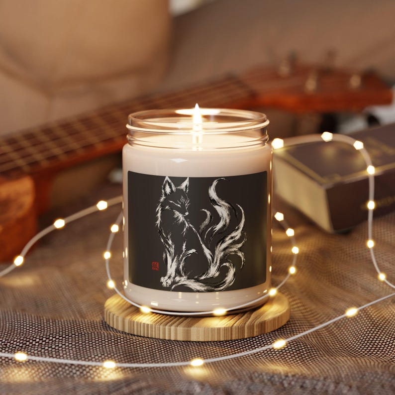 Kitsune Soy Candle, Japanese Fox Spirit Gift, Sumi-e Yokai Decor image 5