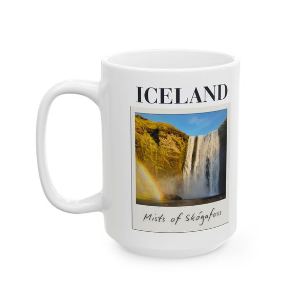 Skógafoss Iceland Coffee Mug: Rainbow Waterfall Travel Souvenir