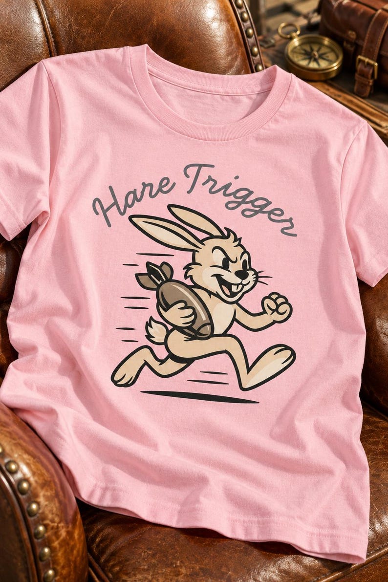 Puede incluir: Una camiseta de manga corta de color rosa claro con un gr&aacute;fico de un conejo de dibujos animados de color beige corriendo mientras sostiene una bomba marr&oacute;n. Sobre el conejo, el texto Hare Trigger est&aacute; impreso en una fuente cursiva gris oscuro.