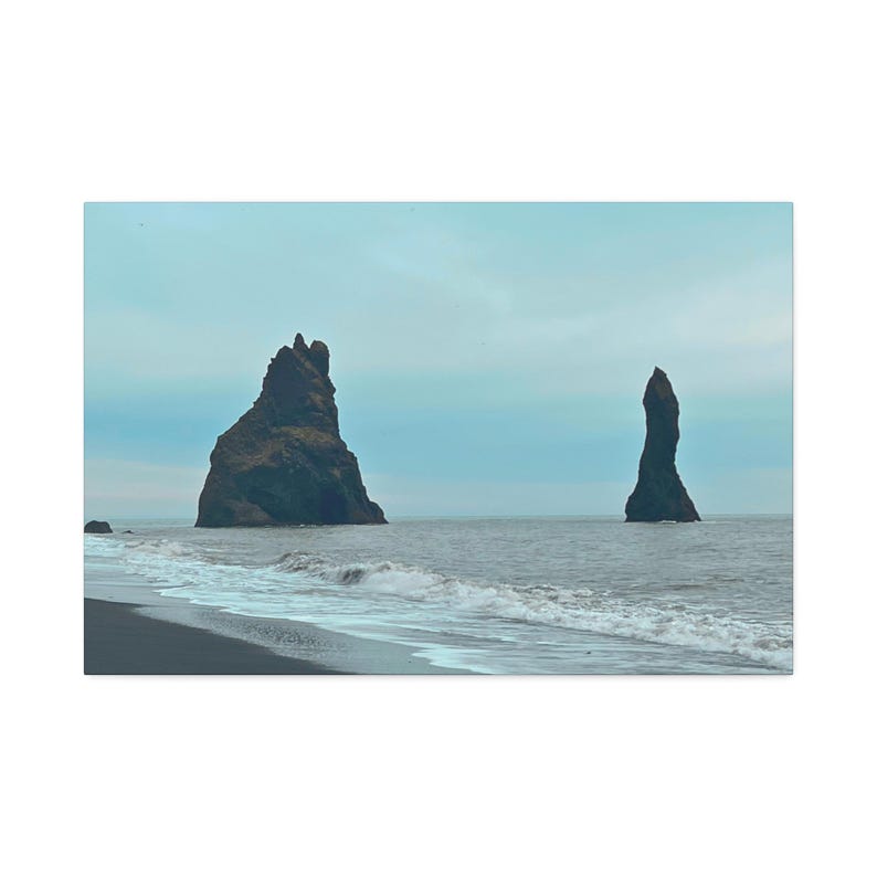 Reynisfjara Black Sand Beach Canvas, Iceland Sea Stacks Print, Nordic Coastal Landscape Decor image 5